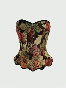 New Embroidered Print Laceless Women's Body Shaping Fit Adjustable Fishbone Corset Top, Retro Style Waist Cinching Bustier, All Seasons Fashion