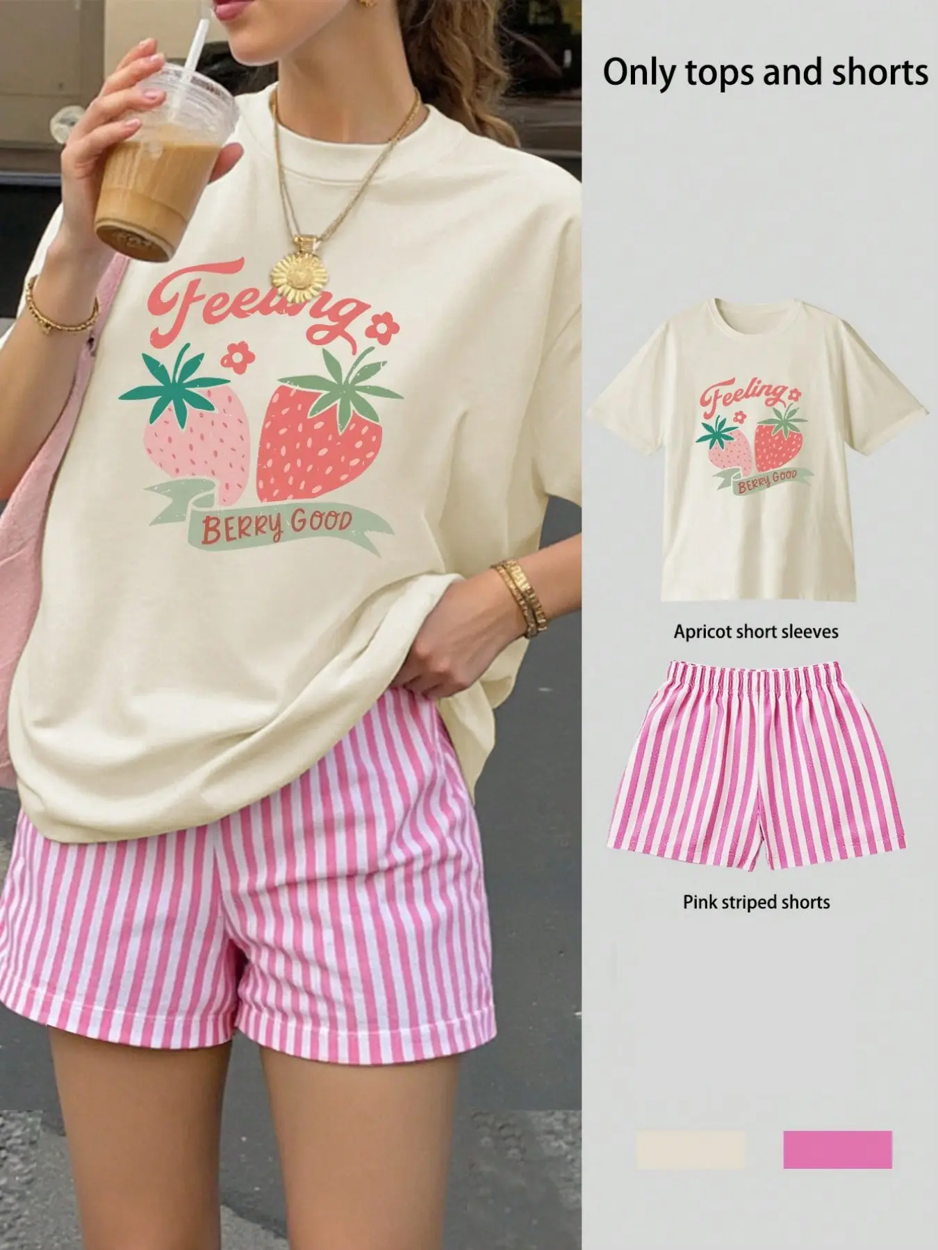 Women's Strawberry Print Floral Round Neck T-Shirt Set with Striped Shorts, Casual Loose Fit, Perfect for Daily Wear and Outdoor Activities, Outfit, Everyday