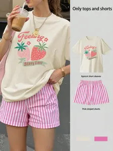 Women's Strawberry Print Round Neck T-Shirt Set with Striped Shorts, Casual Loose Fit, Perfect for Daily Wear and Outdoor Activities, Outfit, Everyday