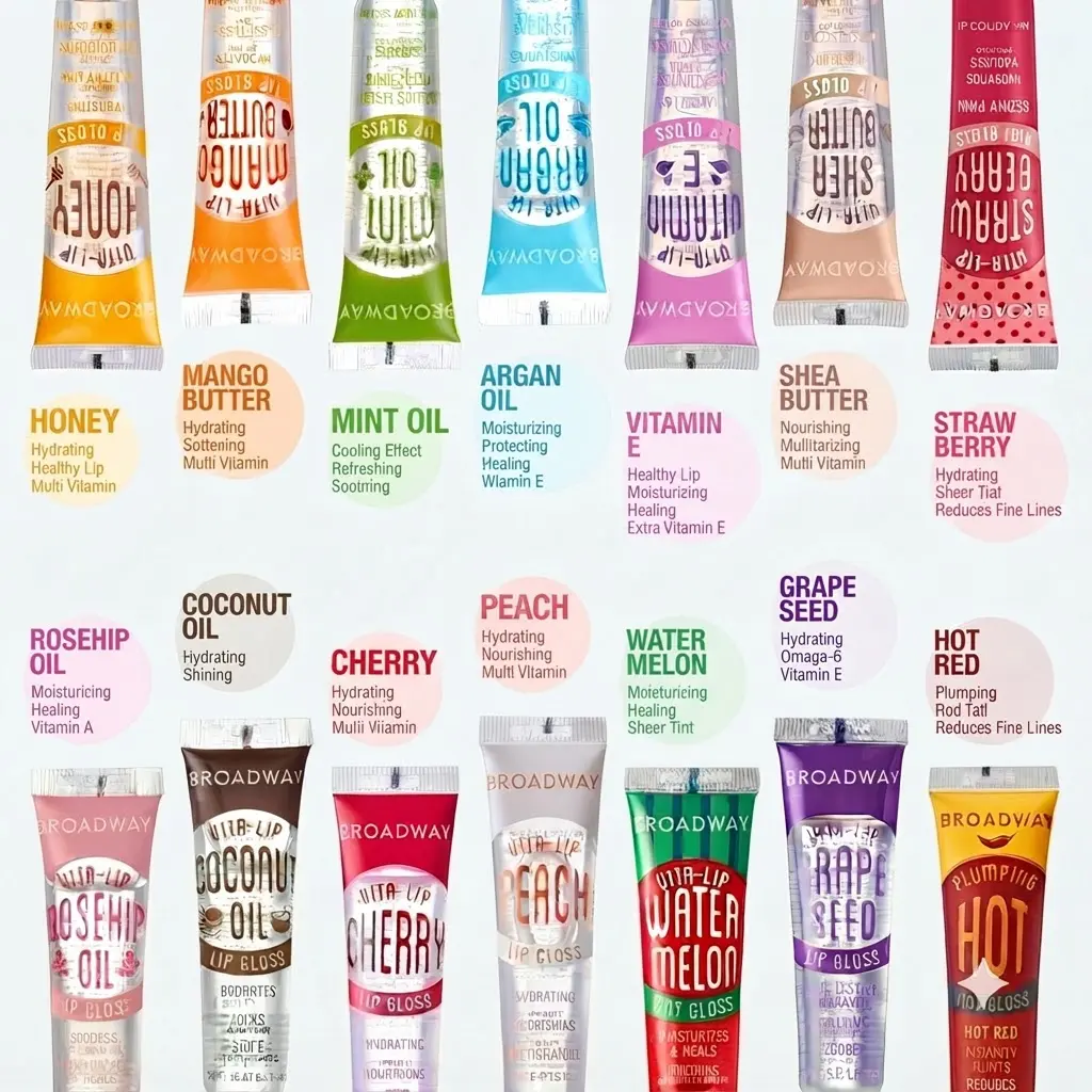 Broadway Vita-Lip Clear Lip Gloss 5 Count High Shine Non Sticky Finish Ultra Hydrating Vitamin Oil Lip Care Set