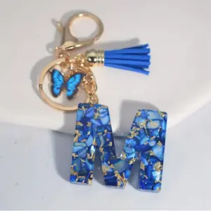 Women's Royal Blue Butterfly Tassel Letter Keychain Keychain Pendant, Glitter Mosaic Design, Lobster Clasp Key Ring for Keys Bags Backpacks