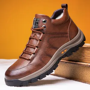 Men's High-top Casual Leather Shoes Winter Fleece Lined Soft Sole Non-slip Outdoor Work Shoes fathersdaygift