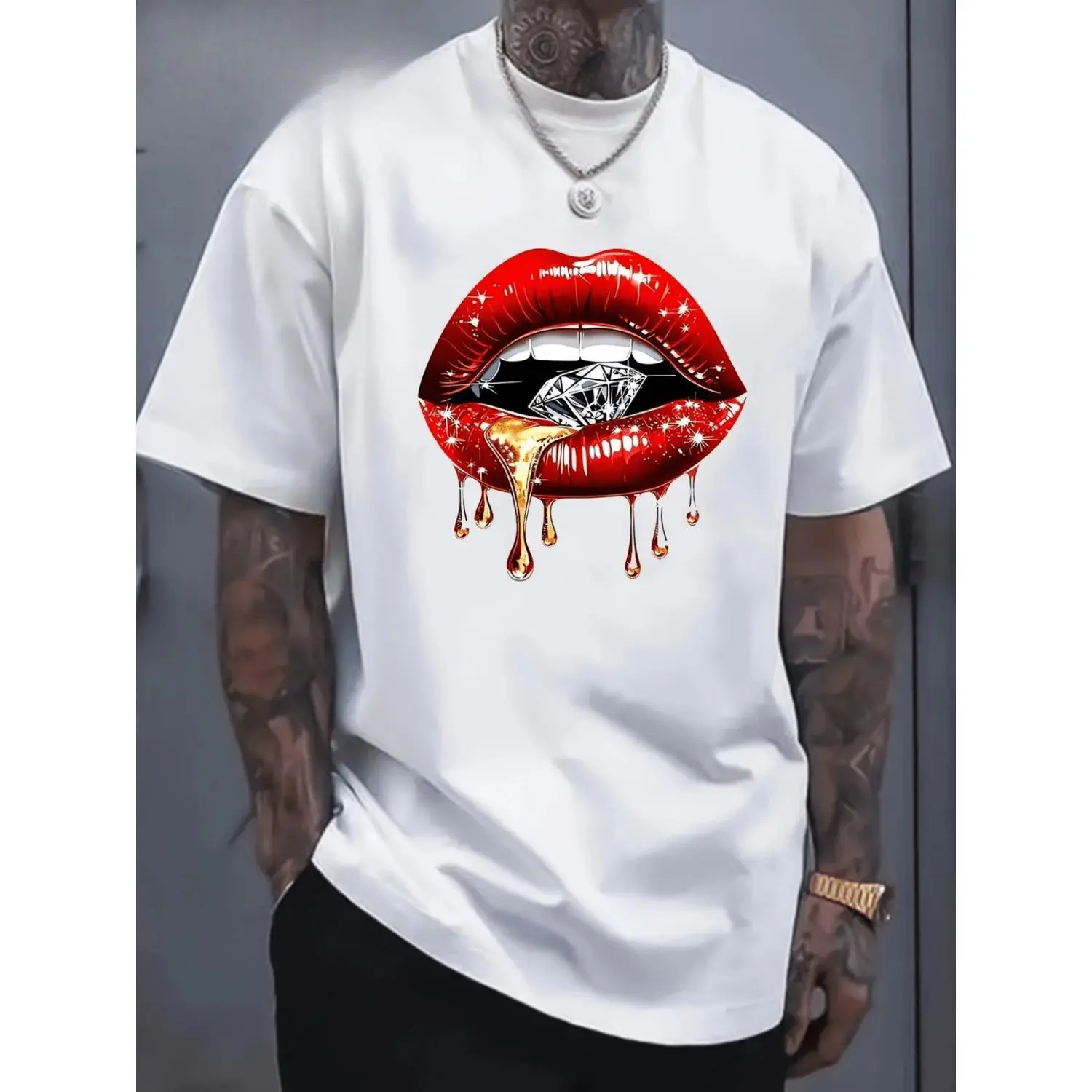 Men's Short-Sleeve Round Neck Loose-Fitting Graphic T-Shirt - Red Lip Diamond Print, Lightweight, Breathable, Machine Washable Casual Streetwear Top, Shortsleeve, All Seasons, Menswear, Tshirt, Cotton, High Def, Normal Type, Graphic T Shirts