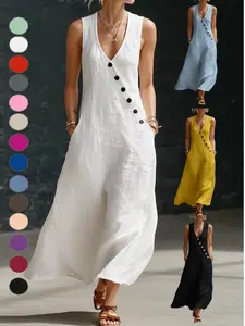 2026 Spring Summer Tiktok Cross-Border Lazy Style Casual Wear V-Neck Button Cotton Linen Long Dress, Sleeveless Backless Dress