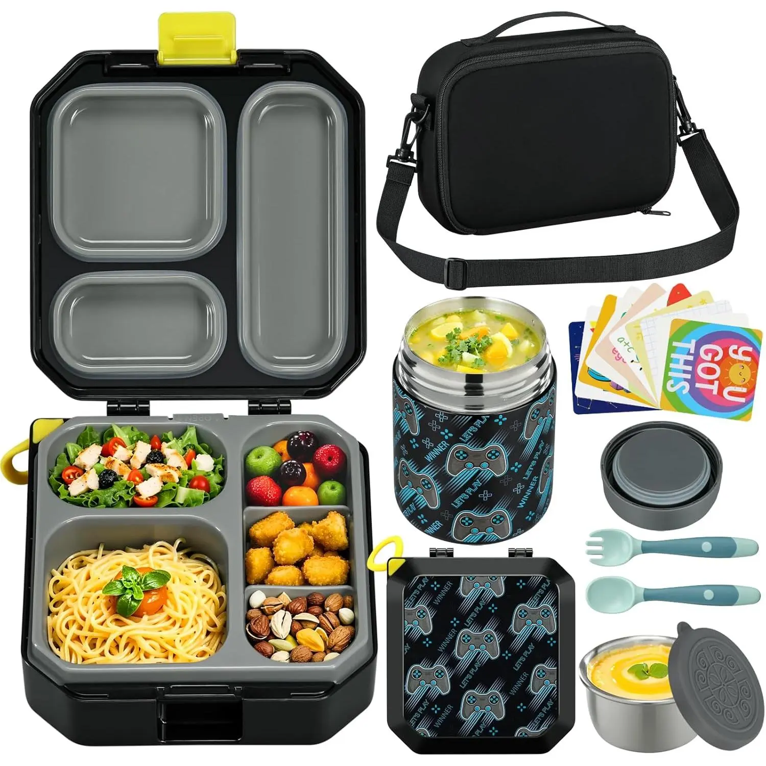 Bento Lunch Box Set for  with 12oz Soup Thermo&Lunch Bag, Leak-Proof Lunch  Containers for  School, 5 Compartment, Sauce Cup, 10 Notes (Gaming Black)