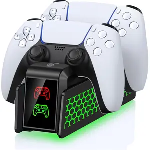 ESYWEN PS5 Controller Charger Station with Cool Lighting, Charging Dock for PlayStation 5 DualSense & Edge Controllers, PS5 Accessories Charging Stand with LED Indicator, Black