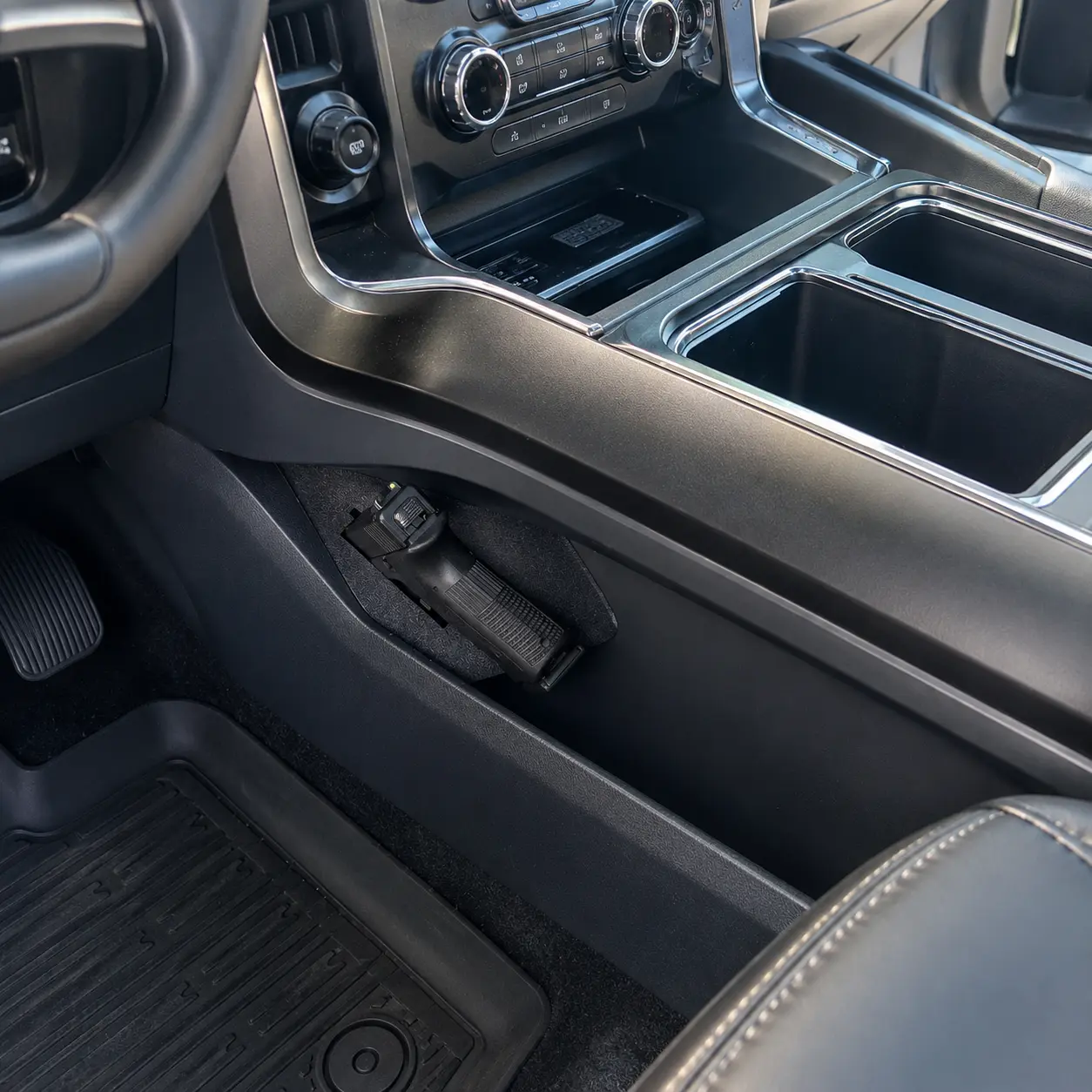 Truck Sidearm Holster for 2021-2026 Ford F-150, Center Console Side Pocket Mount, Magnetic Retention Vehicle Holster, Low-Profile No-Drill Interior Storage Holder