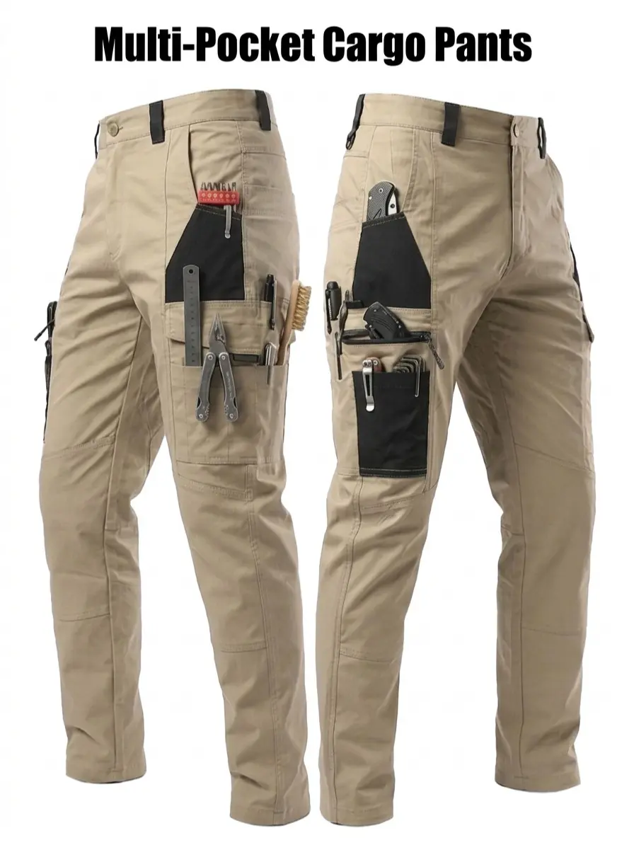 Men's Long Cargo Style Pants - Casual Loose Pocket, All Purpose, Baggy Carpenter, Abrasion-Resistant, Multiple Pockets, Loose-Fit for Construction, Auto Repair Work & Outdoor Activities