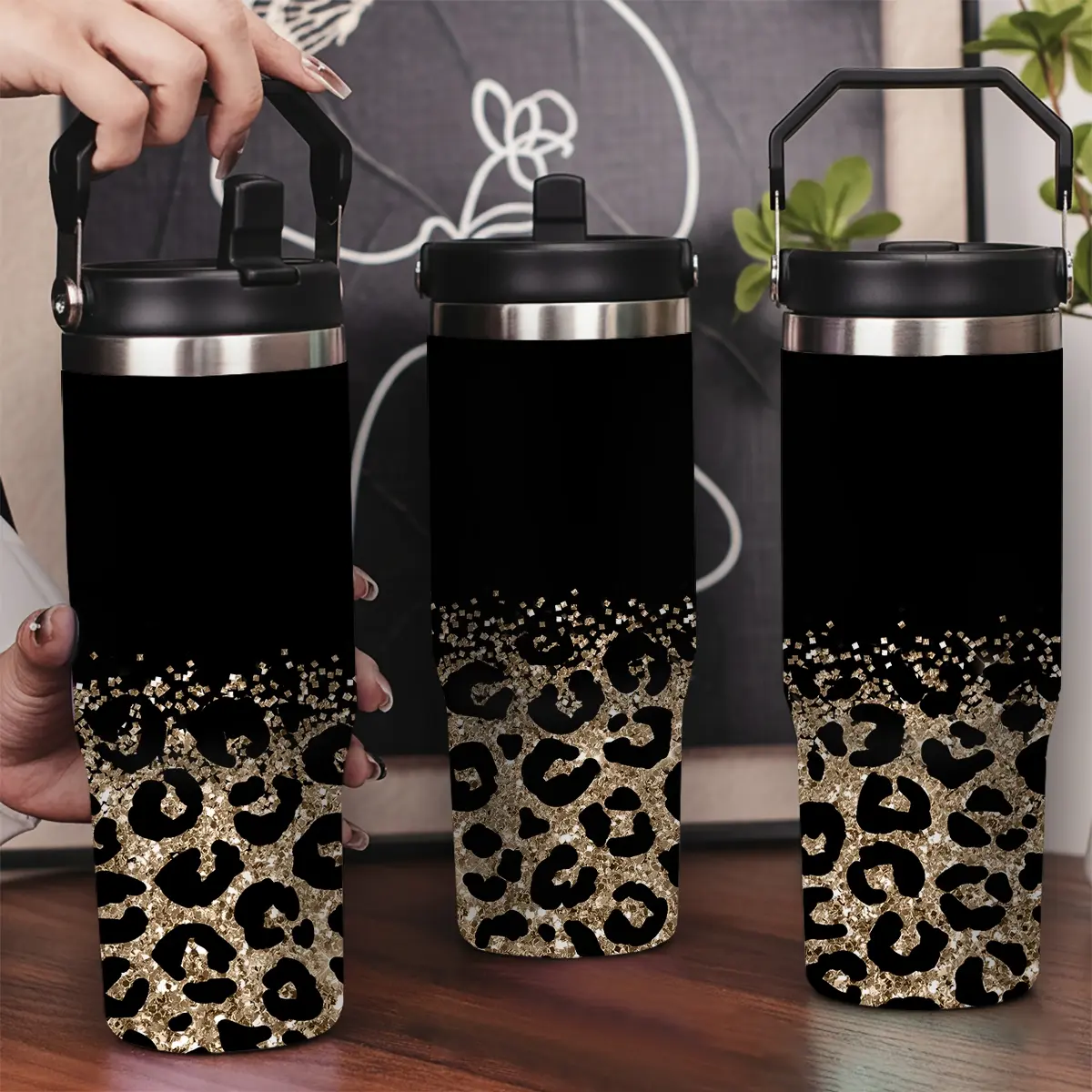 30oz Stainless Steel Vacuum Insulated Tumbler - Thermal Cup, Leak-Proof Lid, Portable Handle, Gold Sequined Leopard Print, Long-Lasting Hot/Cold Retention, Insulated Mug, On-the-Go Water Bottles, Ideal for Car, Office, Birthday Gifts