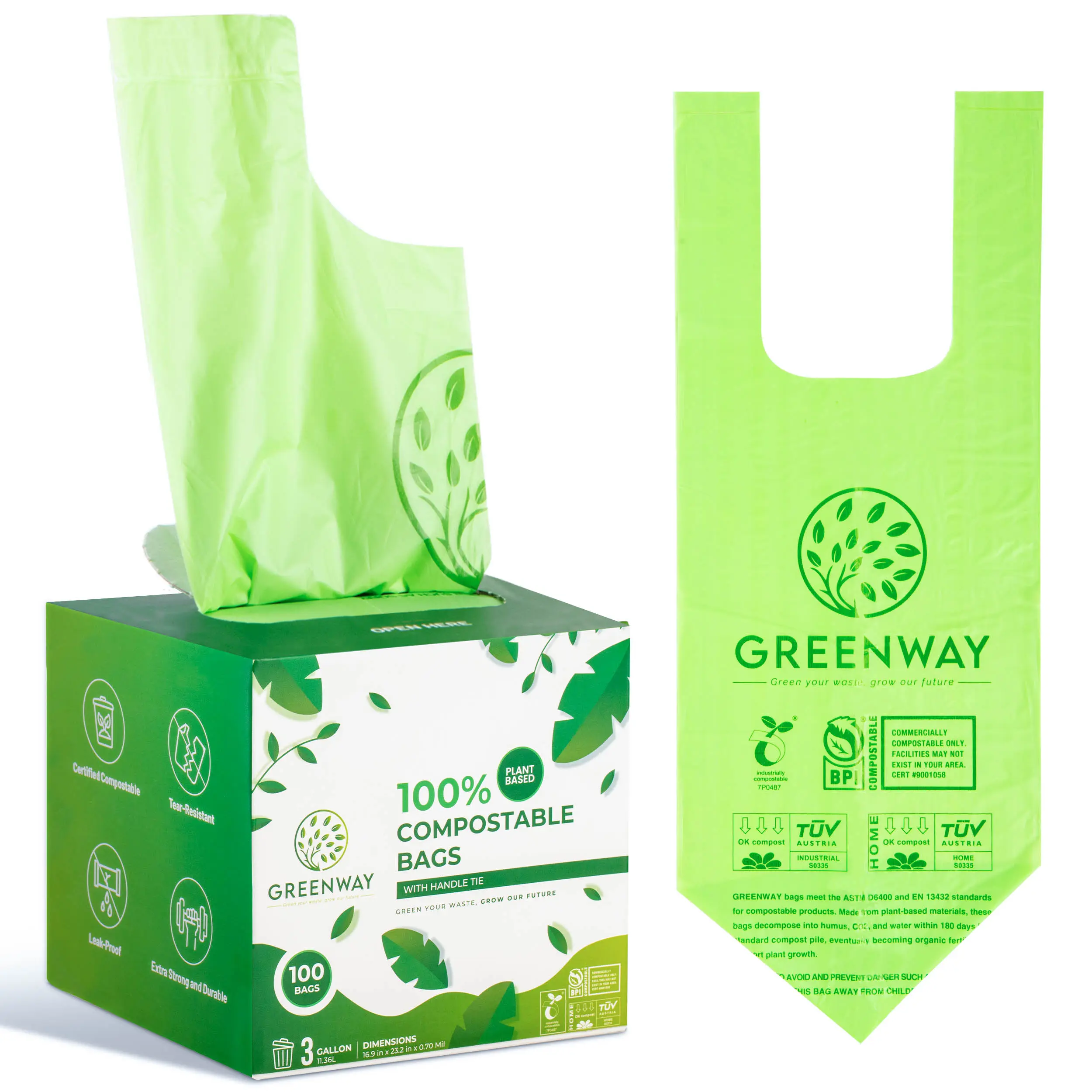 Greenway 3 Gallon Compostable Trash Bags with Tie Handles, Pack of 100 - Biodegradable Bin Bags for Kitchen and Yard Waste bin  bags small trash plastic