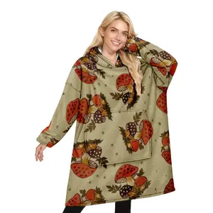 Mushroom Print Hooded Coral Fleece Blanket, Soft Plush Warm Cover, Large Pocket Design, Perfect for Home Relaxing & Gifts, Flannel Fleece Blankets