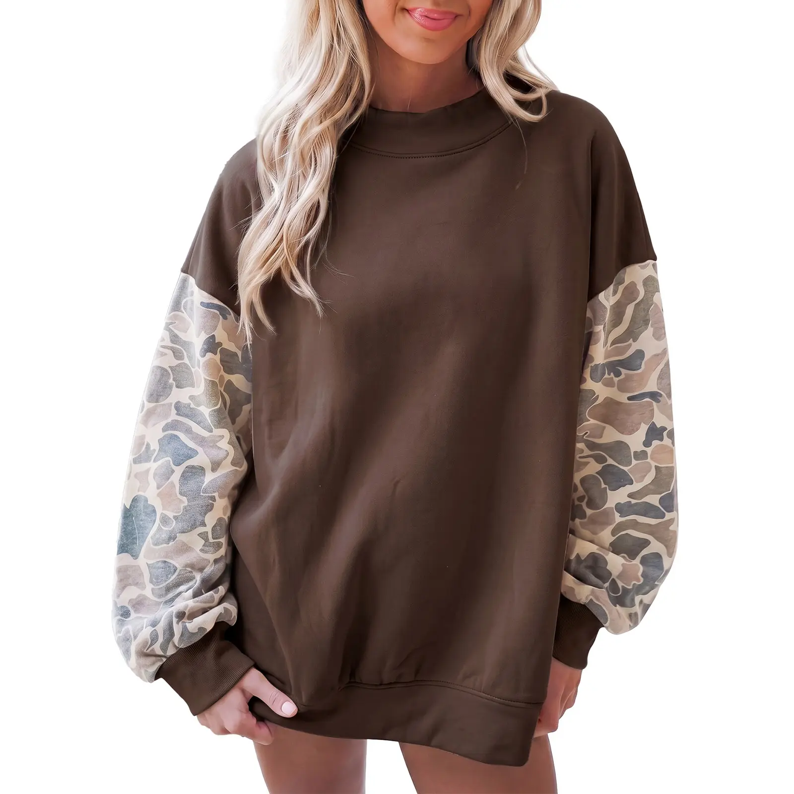 Women Camo Patchwork Sweatshirt Crew Neck Long Sleeve Top Casual Loose Pullover With Contrast Sleeves For Daily Wear