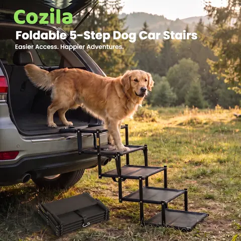 【familyfun】Cozila Foldable 5-Step Dog Car Stairs, 150 lbs Capacity, Textured Pawgrip & Anti-Slip Surface for Confident Climbing, Compact Fold for Storage, Portable for SUVs & Trucks (TikTokShopFallDeals) familyfun