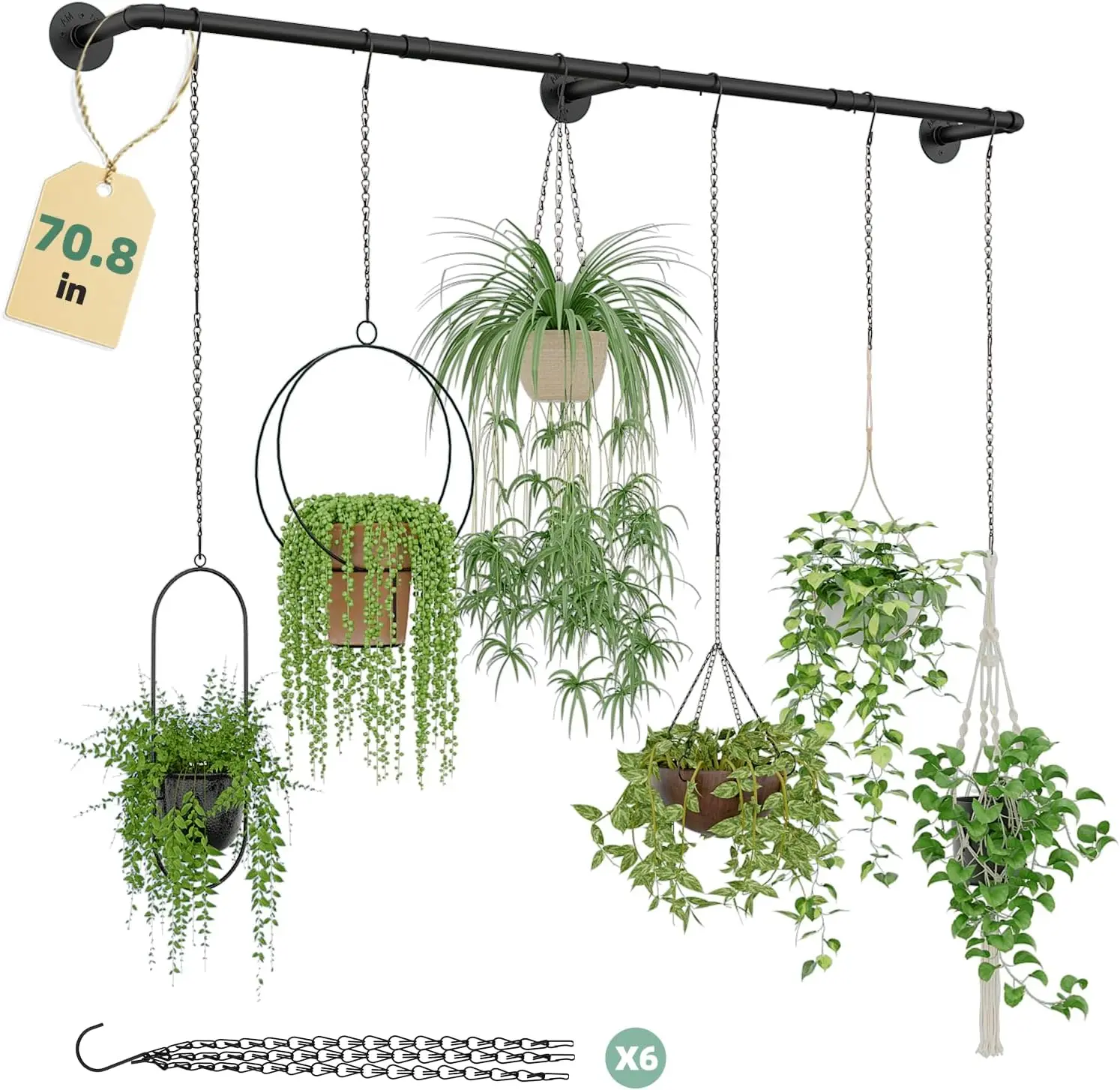 Bamworld Heavy Metal Decorative Hanging Planter Basket with 6 Chains, 70.8 In Long Span Window Rod & Shelves (Pot Not Included) for Living Room, Garden Home Improvement Decor