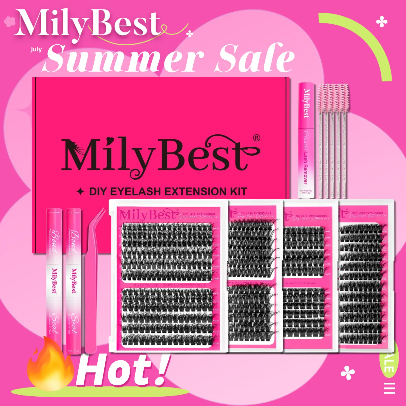 MilyBest 4 Styles Lash Clusters Kit,1 Set Mixed Length Individval Eyelash Extensions Kit,Self Grafting False Eyelashes with Tweezers&Glue&Remover,Prefessional Eye Makeup Accessories for Women