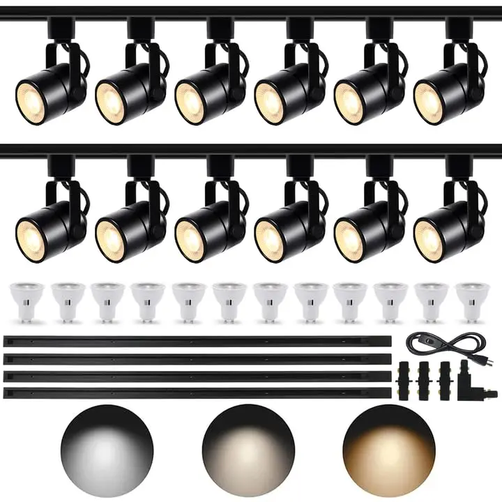 Bravsekai GU10 LED 3CCT Black Track Lighting Kit 3000K/4000K/6000K Adjustable with 13.1FT H-Type Track Light Rails, 12PCS Ceiling Spotlight Fixture with Replaceable 10W LED Bulbs