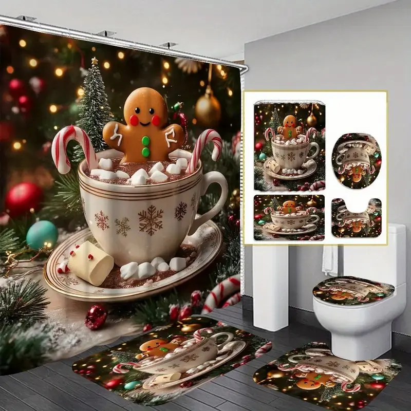 Christmas Gingerbread Man Hot Cocoa Shower Curtain Set, Non-Slip Mat, U-Shaped Rug, Toilet Lid Cover, Perfect Bathroom Decor, Includes 12 Hooks