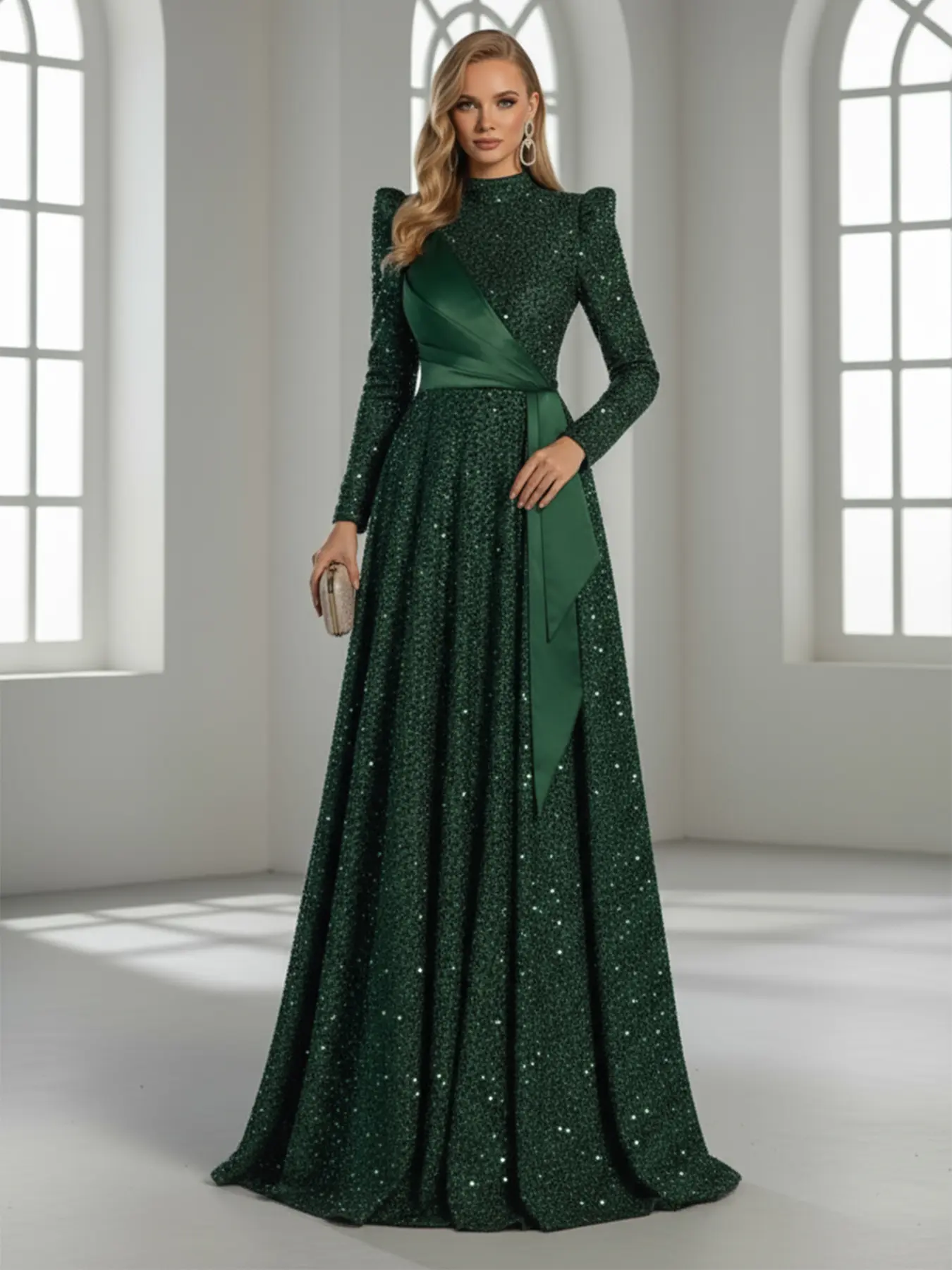 Women's Formal Dress, a Vintage Chic Sequin Gown with Long Bubble Sleeves, High Neck, and Bow Tie Waist, Shimmer, Long Sleeve, Sparkle, Waist Accent, Flattering, All Seasons, Thick, Piece