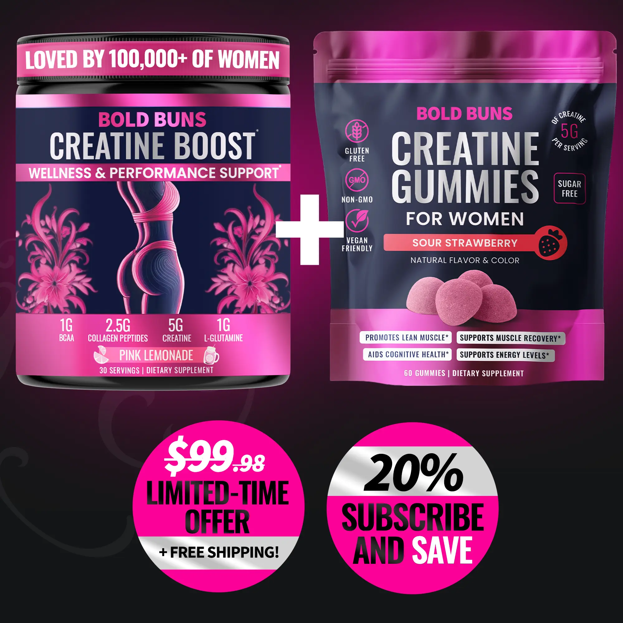 Bold Buns Creatine Boost Powder + Creatine Gummies for Women — 2-Piece Bundle — 5g Creatine per Serving — 30 Powder Servings + 60 Gummies