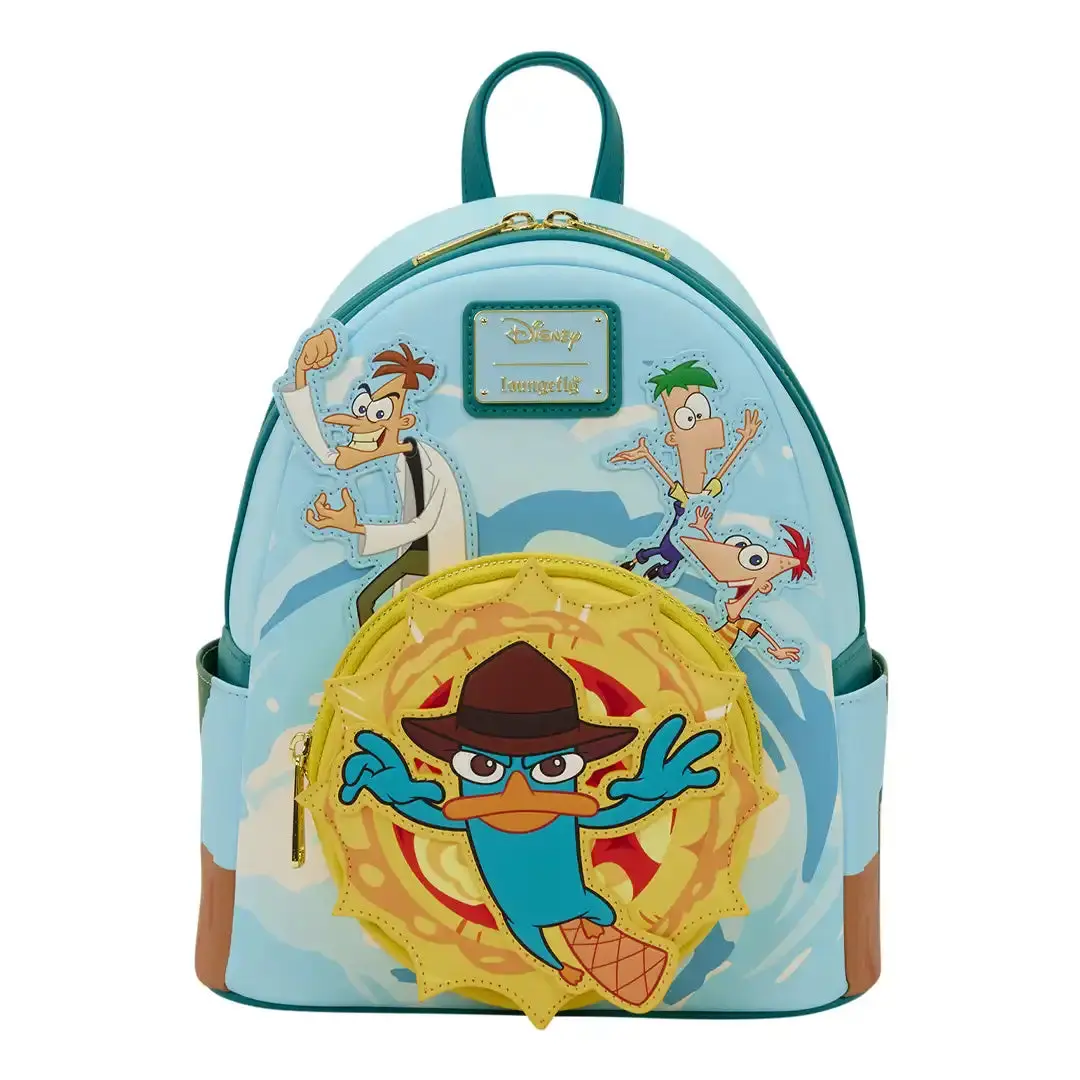 Loungefly Disney Phineas & Ferb Light-Up Blue Synthetic Animated Graphic Mini Backpack, Blue Synthetic Backpacks, Animated Graphic Backpacks