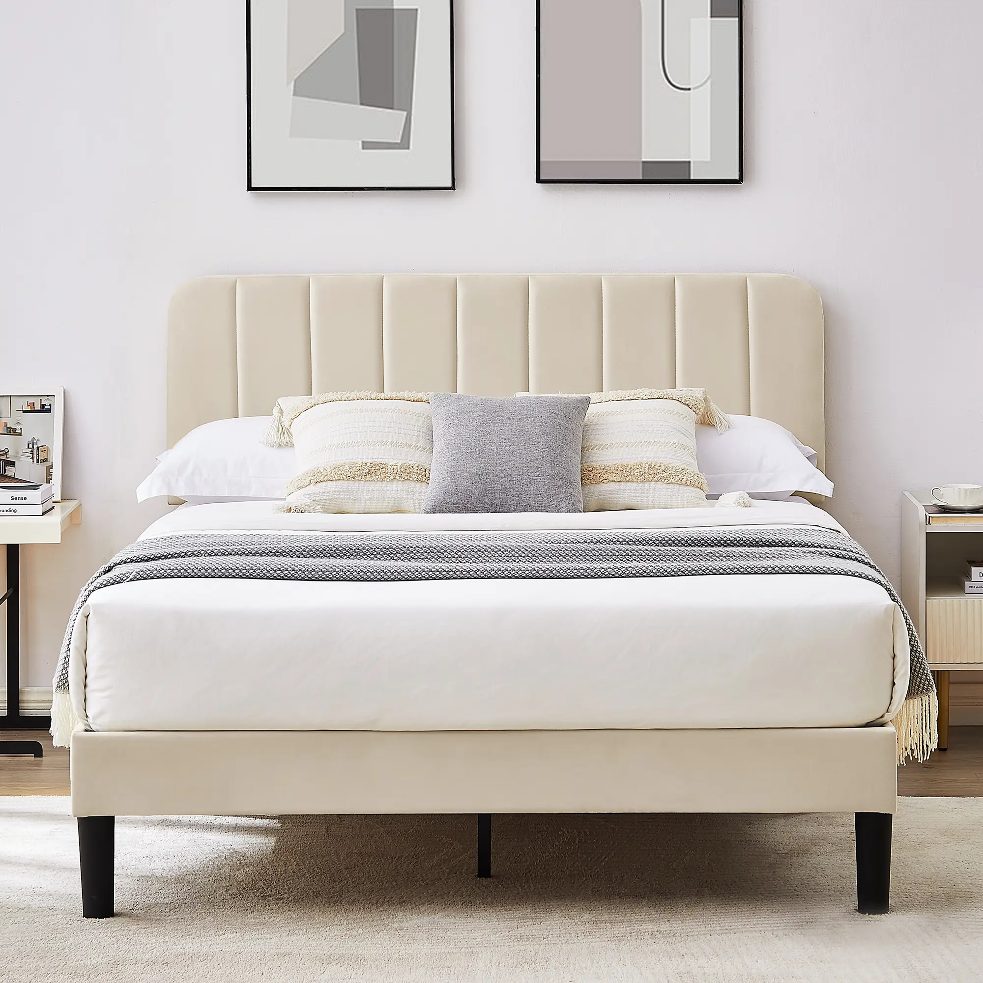 VECELO Upholstered Queen Twin Full Queen Size Bed Frame Platform with Velvet Adjustable Headboard Wooden Slats,Noise-Free,No Box Spring Needed, Easy A