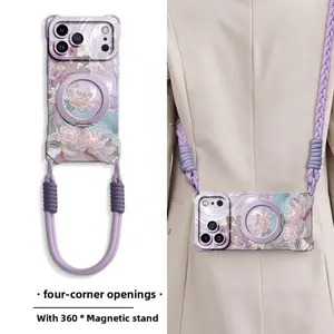 Chinese-Style Lotus Aesthetic iPhone Cellphone Protector Casing - MagSafe Magnetic 360° Rotating Stand, Lanyard, Liquid Silicone Shockproof Handheld Devices Protection Accessory with Gold Wrist Strap for iPhone 16/17