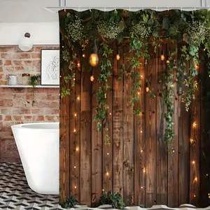 Vintage Rustic Wooden Board Door Shower Curtain, Green Leaves On Farmhouse Country Wood Plank