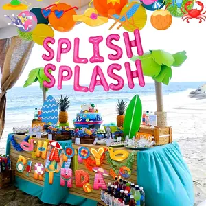 LaVenty Girls Pool Party Happy Birthday Banner Pool Party Balloons Decoration Summer Birthday Decorations Splish Splash Birthday Decorations Beach Birthday Party Decorations
