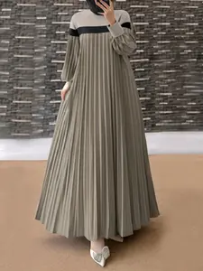 Women's Colorblock Pleated Long Sleeve Tunic Dress, Elegant Round Neck Long Dress for Party Club Dating Wear, Women's Clothing for Fall & Winter