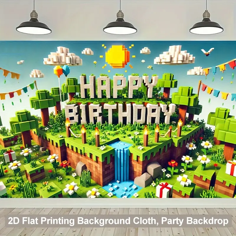 Pixel Art Style Polyester Birthday Backdrop - Lightweight Geometric Single-Piece 2D Flat Banner, Machine Washable All-Seasons Party Decoration Supplies for Birthday, Anniversary Photo Props (Home & Garden Use)