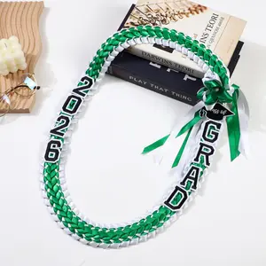 Premium Braided Graduation Lei 2026 - Green & White Hand-Woven Ribbon Lei with Cap Charm & GRAD Letters, Adjustable DIY Money Lei Base for Class of 2026 Graduation Ceremony