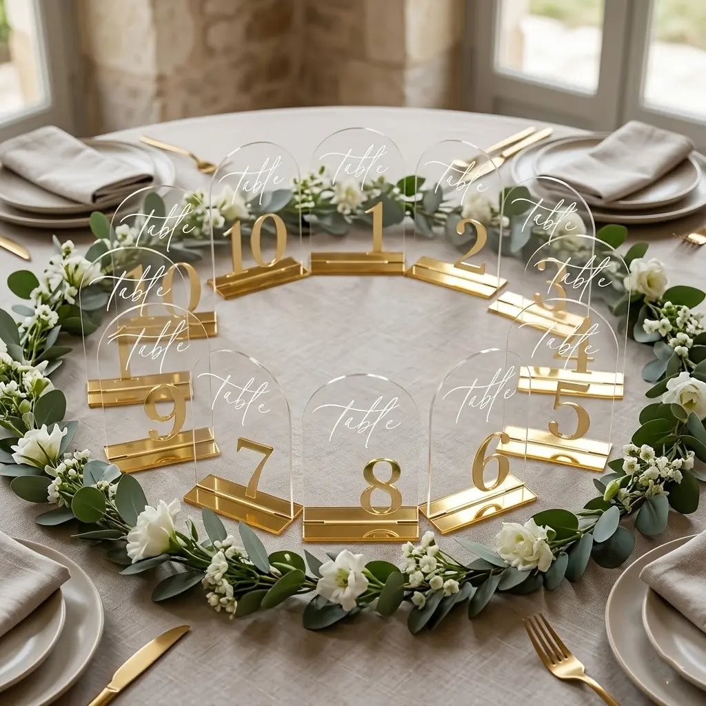 Crystal Clear Acrylic Wedding Table Numbers 1-10 Set, Self-Standing Modern Arch Sign, Acrylic Signage Plaque, Elegant Wedding Decoration, 3.94x5.9 Inches
