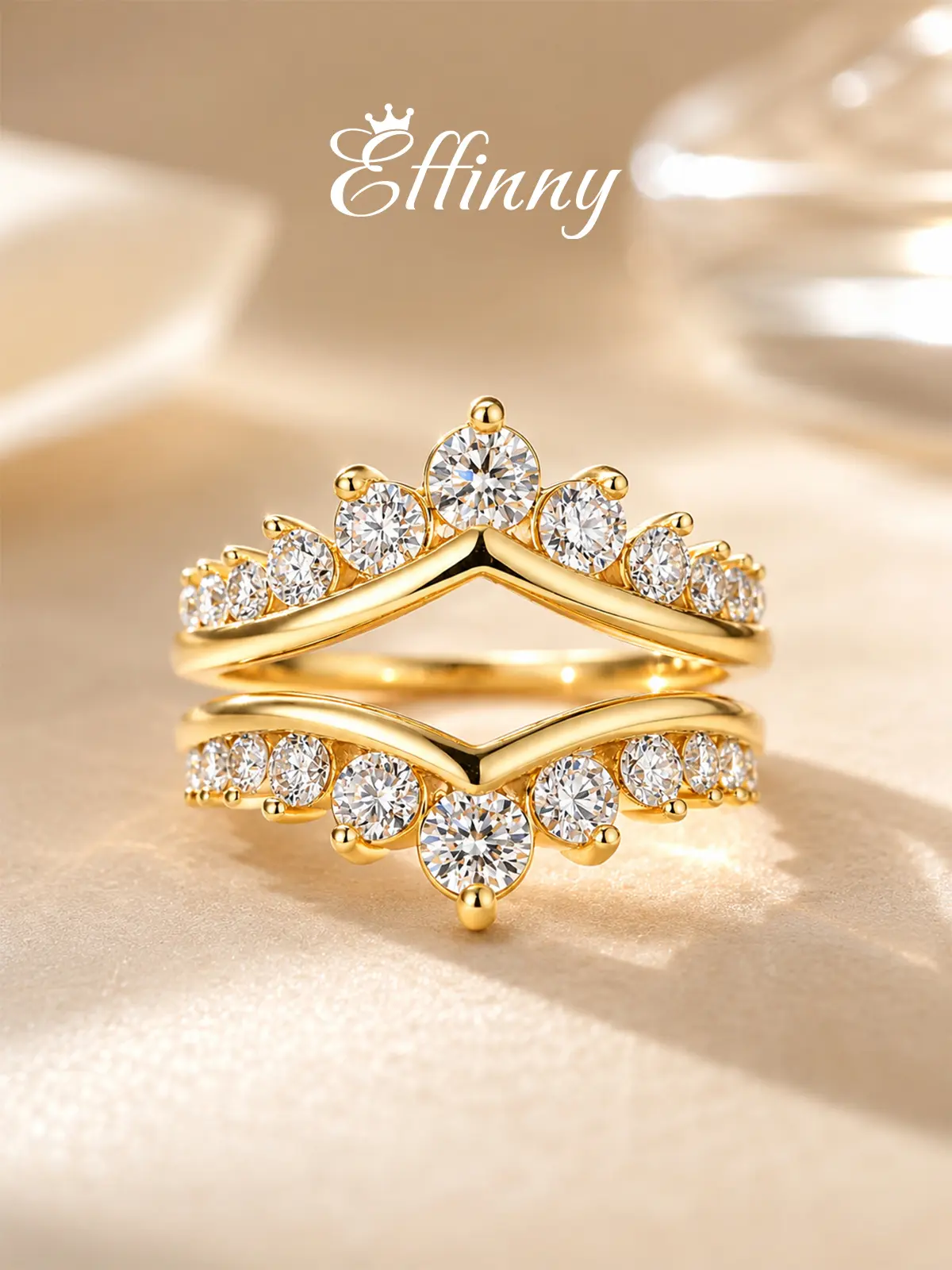 Effinny 14K Gold Plated V-Shaped Curved Crown Band, Round CZ Stackable Ring Guard, Non-tarnish Enhancer Wedding Band for Women