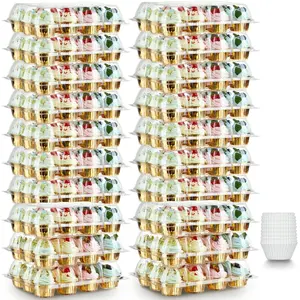20 Sets Stackable Cupcake Carrier with 240 Liners, Plastic Cupcake Boxes Holders for 12 Cupcakes, High Tall Dome Lid Cupcake Containers, Clear Disposable Cupcake Trays