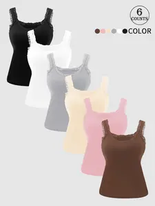 6pcs women sleeveless high stretch basic tank top underwear with lace trim round neck soft skin friendly fabric built in lining for layering or outerwear Womenswear