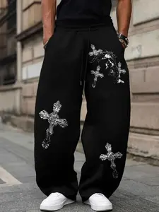 Unisex Gothic Spirit Sweatpants with Cross Jesus Print, Loose Fit Boyfriend Style Casual Pants for All Seasons, Comfortable Soft Material for School or Night Out