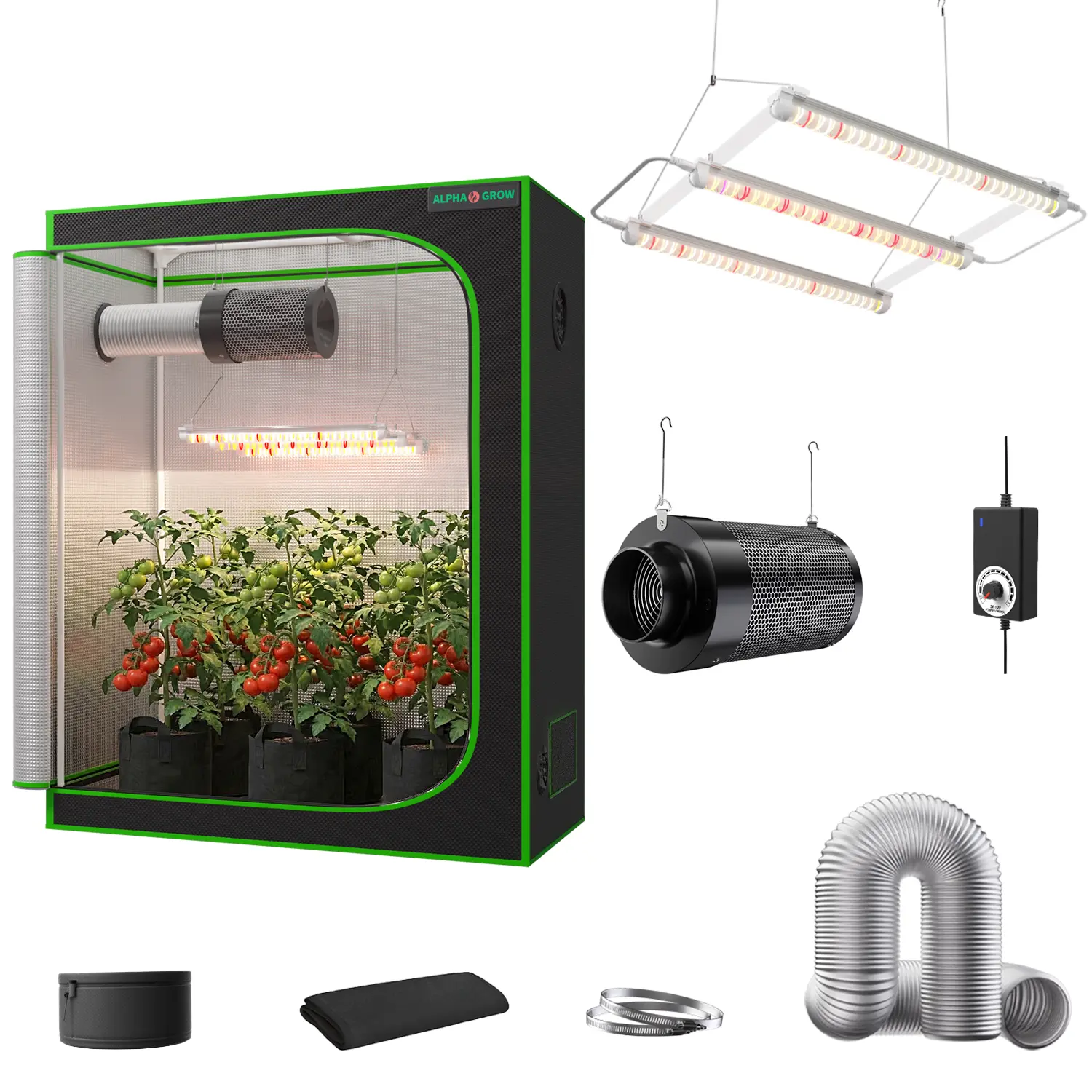 ALPHAGROW 1800D Complete Grow Tent Kit with 33W Full Spectrum LED, 4-in Zippered Ventilation System, Waterproof Mylar Lining, Metal Frame for 2x2, 2x4, 4x4 Indoor Hydroponic Growing System