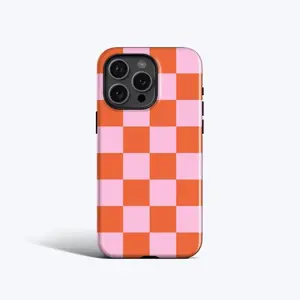 For IPhone 17 Case, Orange Pink Large Checkered Pattern, Y2K Style Cover for IPhone 16 15 14 13 12 11 Pro Max Plus