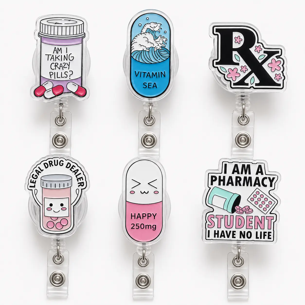 Funny Pharmacy Acrylic Badge Reel Retractable Pill ID Card Holder Name Tag Clip For Pharmacist Nurse Doctor Gift