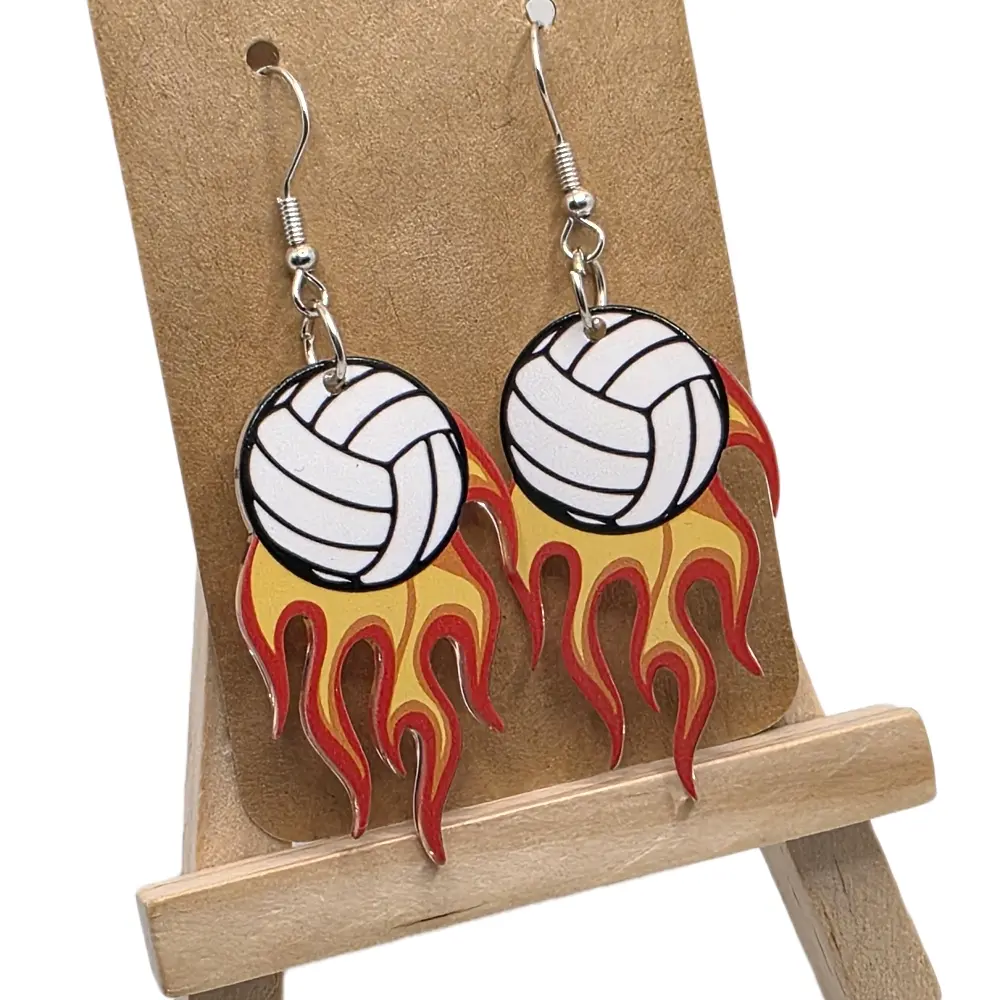 Sport-Inspired Plastic Volley Ball Earrings - Black and White Volley Ball Design with Flame Accents, Elegant Hook Earrings for Football Enthusiasts, Game, Casual