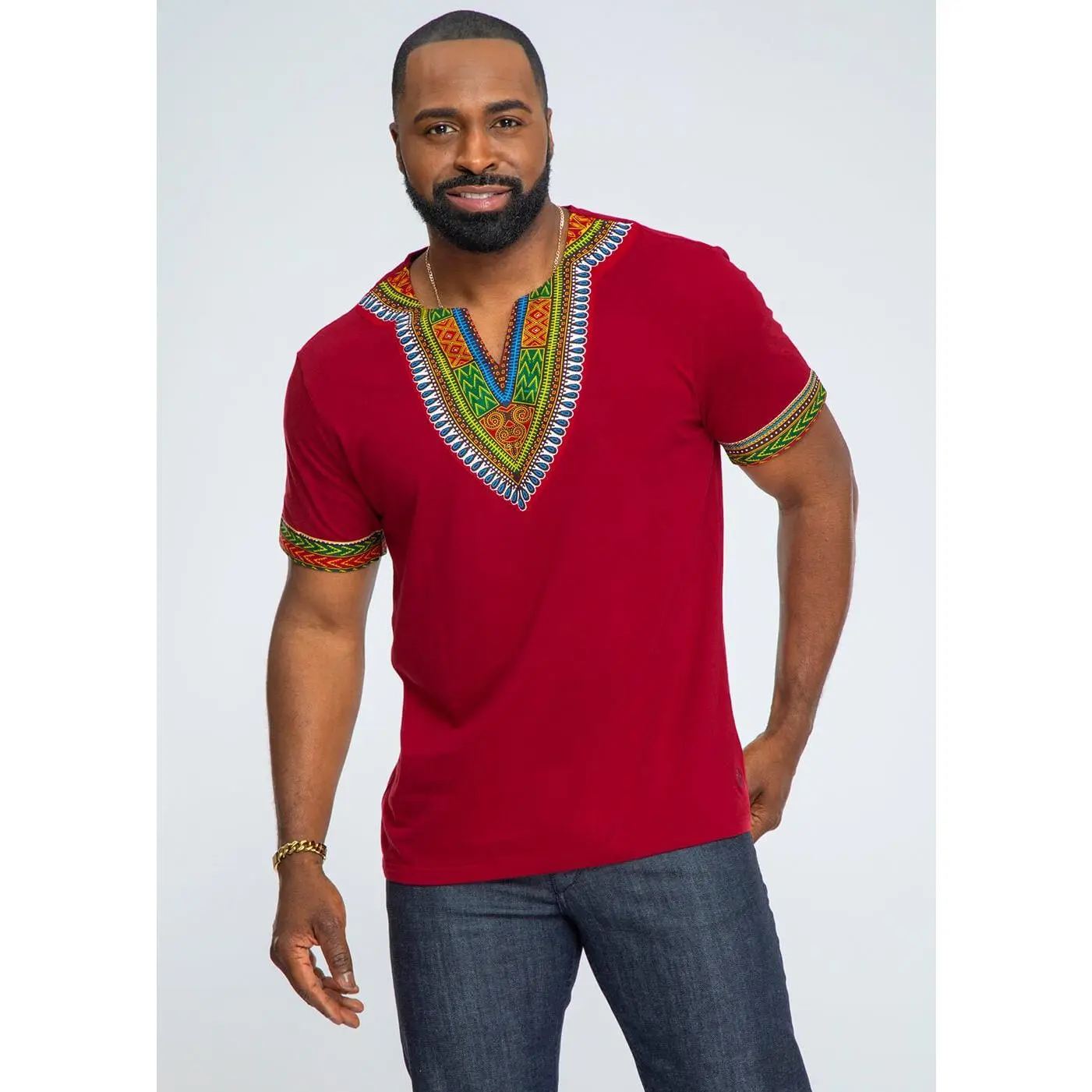 African Print Men's Dashiki T-Shirt (Maroon)