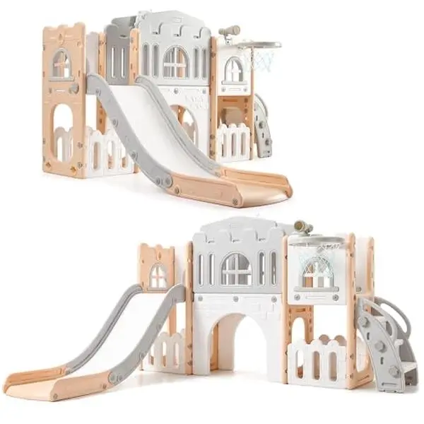 8-in-1 Toddler Slide Playset - Space-Saver Playroom Playground Equipment for 1-3 Year Olds, Indoor/Outdoor Climber, Crawling Tunnel, Basketball Hoop, Telescope, Toy Storage
