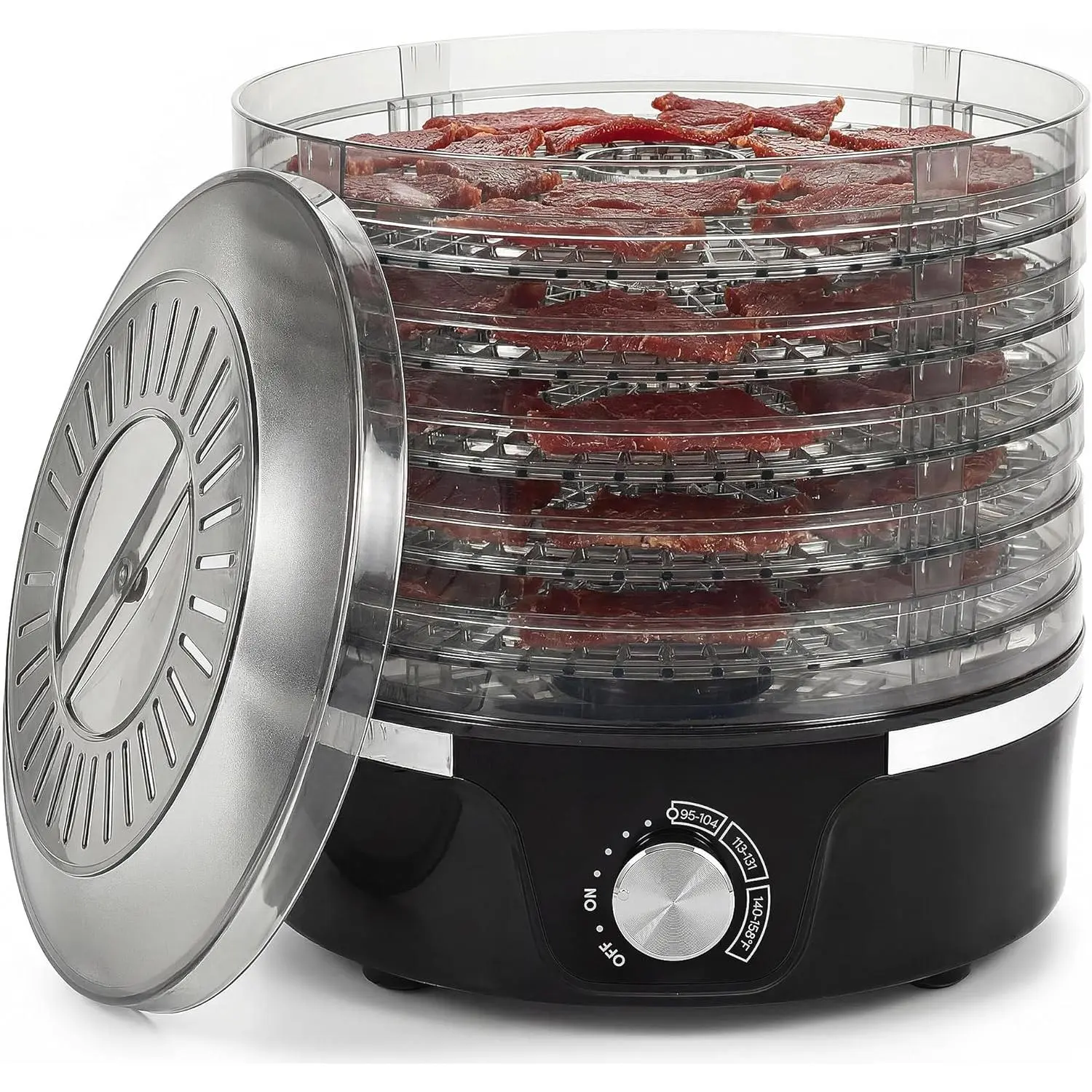 Compact Food Dehydrator with 5 BPA-Free 11.4" Trays, Base-Mounted Fan, 120V Plug, 350W Adjustable Temperature Controls, Even Heat for Jerky, Healthy Snacks, Black