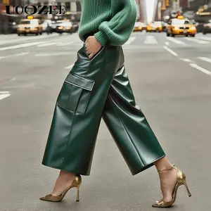 UOOZEE women's autumn and winter PU leather high waisted straight leg pants, fashionable non stretch casual leather pants, suitable for commuting (smaller size)