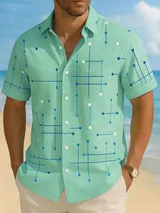 Men's Regular Fit Geometric Line Print Short Sleeve Shirt, Casual Party Shirt, Casual Comfy Top for Summer, Fashion Men's Clothes for Daily Wear