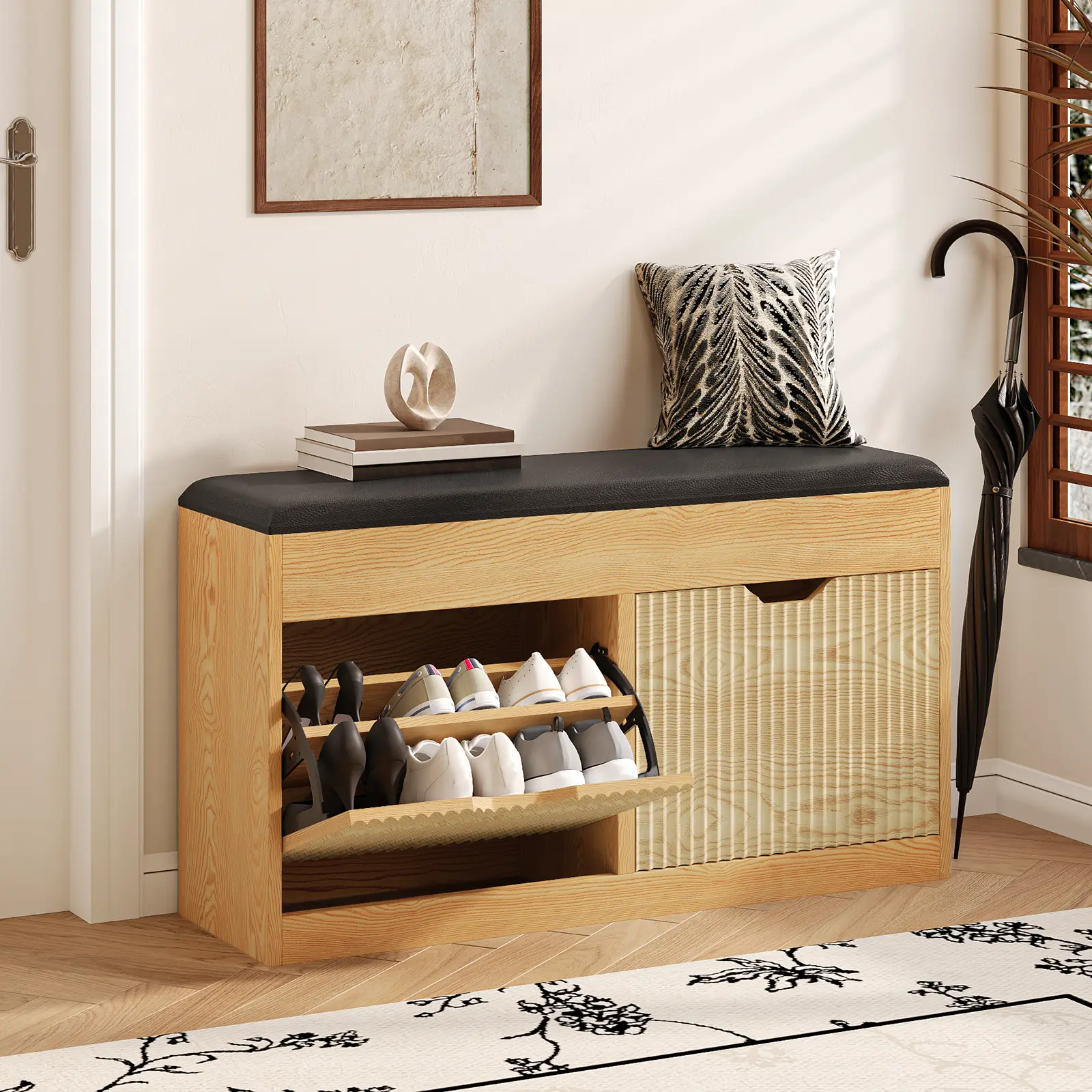 Shoe Storage Bench, 2-Tier Entryway Bench with 2 Flip, 39inches Storage Benches with Padded Cushion Hidden Shoe Cabinet Organizer for Entryway, Hallway, Bedroom Foot Rest Stool Storage Ottoman Bench Footstool With Storage