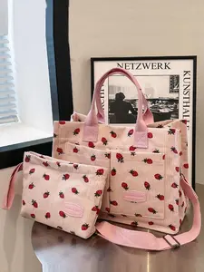 Ladies' Cute Design Strawberry Pattern Tote Bag Two Piece Set, Fashionable Multi Pocket, Perfect for Daily Commuting Matching Single Shoulder Crossbody Bag