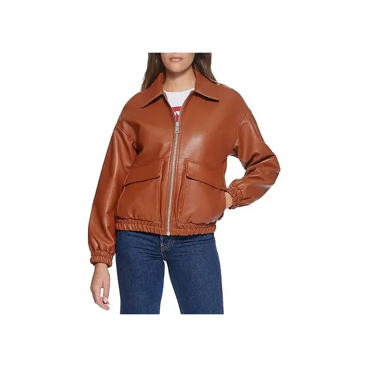 Luna Brown Leather Bomber Jacket - 100% Real Leather with Shirt Collar