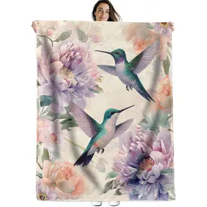 Elegant Hummingbird Floral Flannel Blanket for Dorm Picnic Camping,Flower and Bird Throw Blankets,Home Decoration,Warm All Season Use,Thoughtful Gifts for Women Girls Nature Lovers