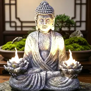 Outdoor Garden Buddha Statue (LED Lotus Lights) - Boho Patio Decor | Weatherproof UV Resistant for Backyard/Lawn Night Ambience